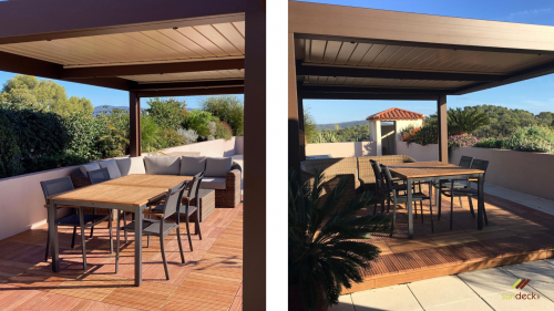 Terrasse en bois exotique Ipé avec pergola et salon de jardin